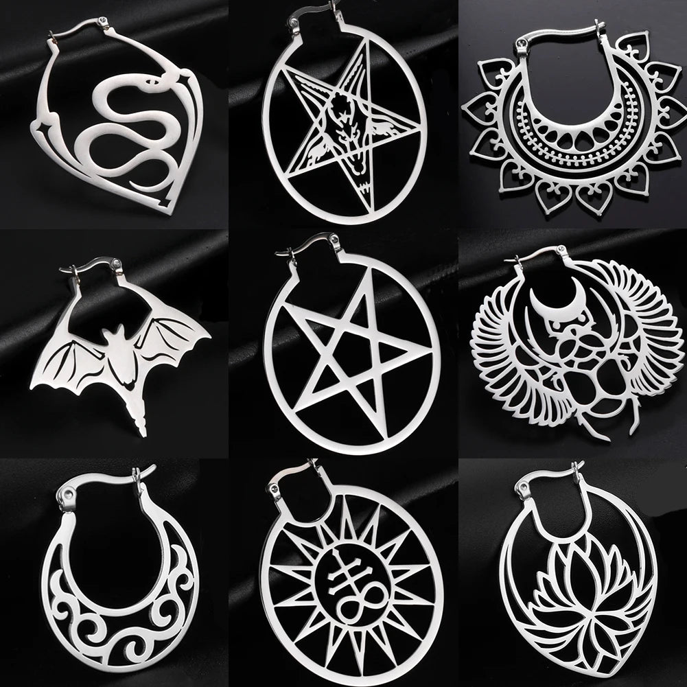 Orecchini a cerchio in acciaio inossidabile gotico per donna, bussola, serpente, pipistrello, pentagramma, orecchini satanici, amuleto Wicca, gioielli vintage