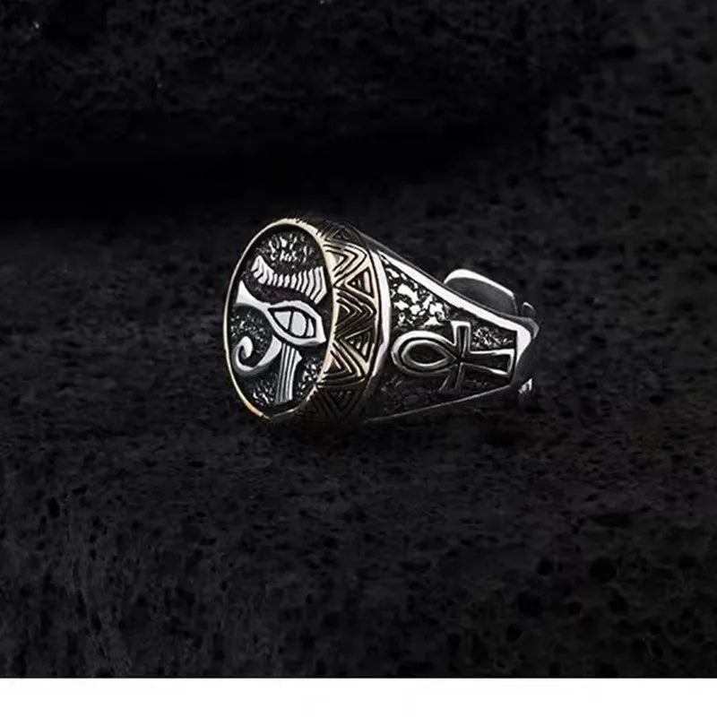 Vintage Egyptian Eye of Horus Open Ring Pharaoh Ankh Cross Adjustable Ring Men Amulet Jewelry