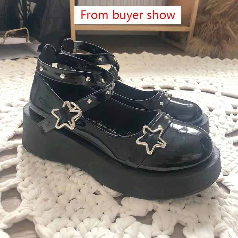 Schuhe Lolita-Schuhe Damen Mary Janes mit Plateauabsatz und Sternschnallenriemen Mary Janes für Damen mit überkreuzten Nieten für Mädchen, lässige Kawaii-Schuhe