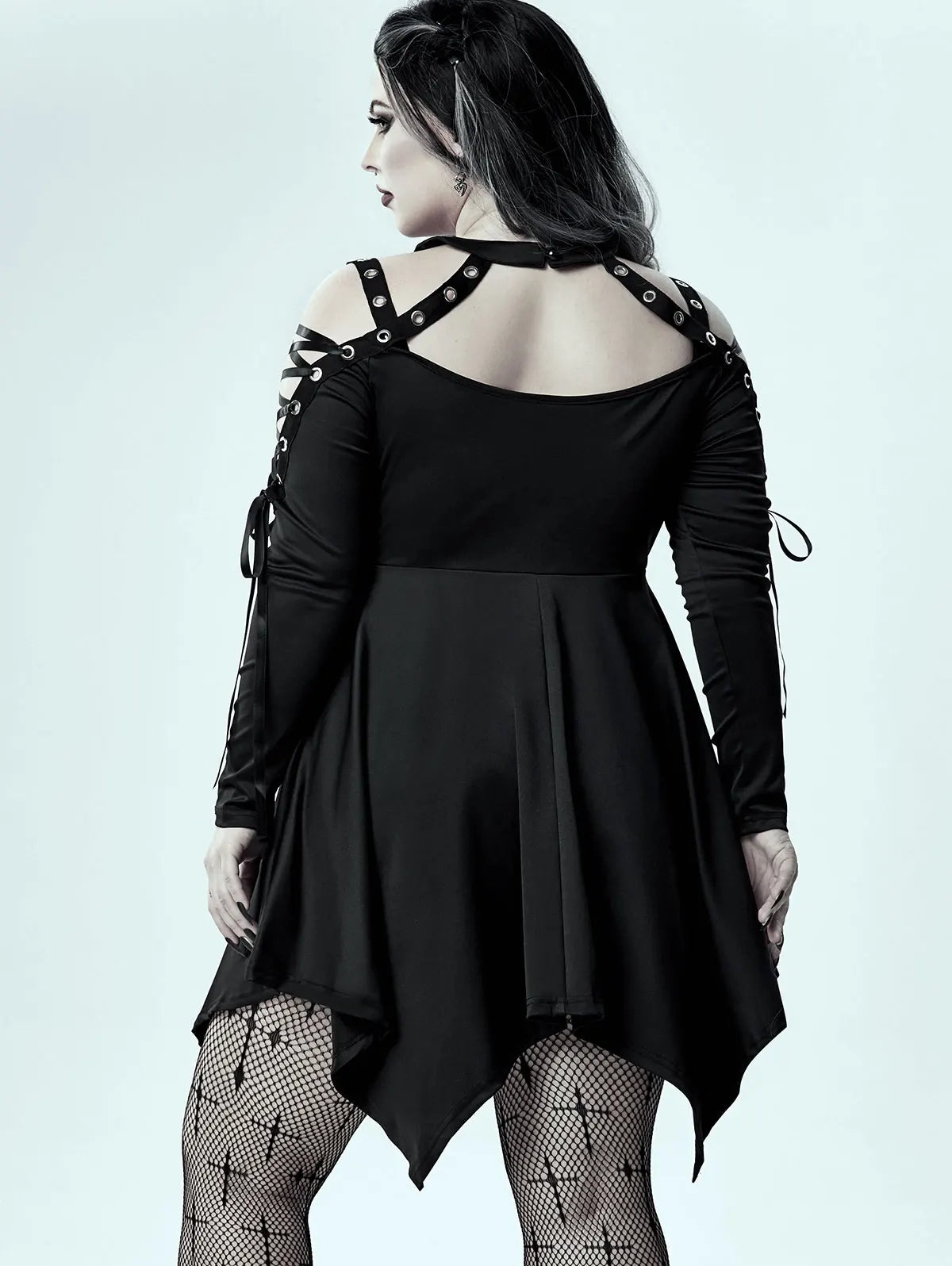 ROSEGAL Plus Size Gothic Asymmetrical Women's Clothing Long Tops Choker Lace Up Cutout Dress Black Dresses Tees Dual Use