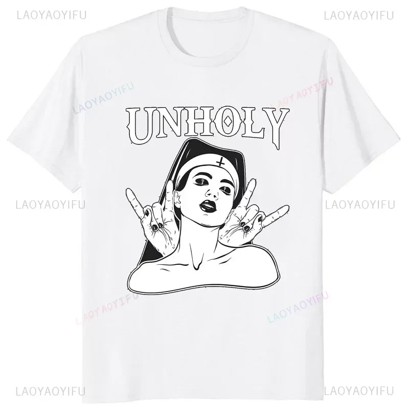 Nun Religieuse Men T Shirt Church of Lavey Satanic Occult Tees Classic Tops Cartoon Graphic T Shirts Women Clothing Cotton Tee