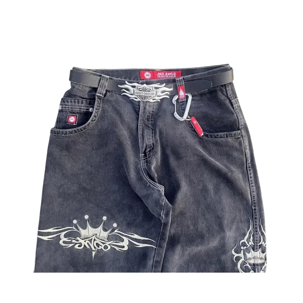 JNCO Jeans Neue Herren Harajuku Retro Hip Hop Totenkopf Stickerei Baggy Jeans Denim Hosen 90er Jahre Street Gothic Weite Hosen Streetwear