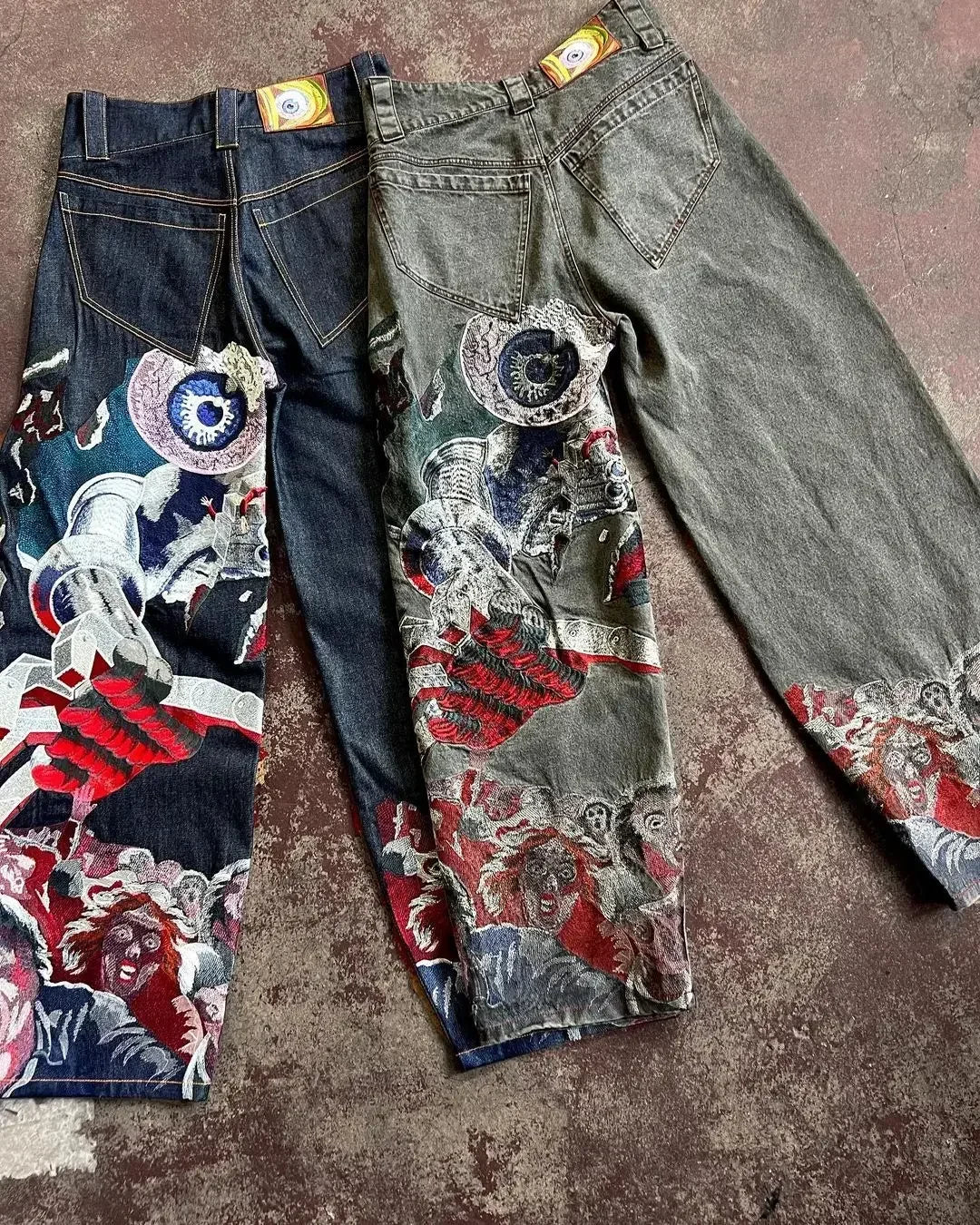 Jeans larghi stampati con ricamo punk hip hop Y2k Jeans da uomo, artigianato pesante, stile retrò, pantaloni a gamba larga, jeans strappati gotici, caldi