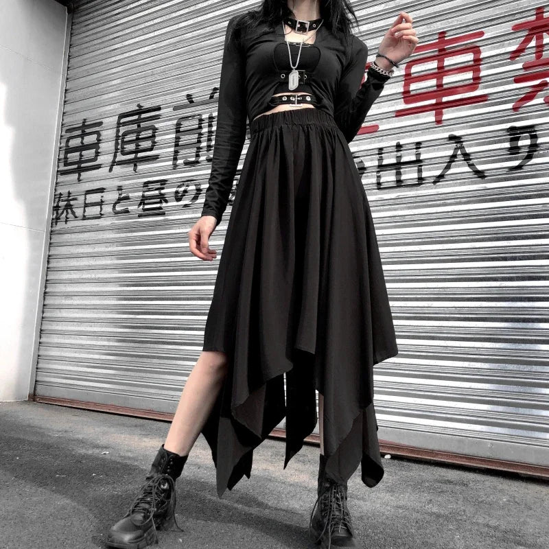 Dunkelschwarzer unregelmäßiger Rock mit hoher Taille, Goth Punk Gothic Schwarz Harajuku Langer Vintage Rock koreanische Modekleidung