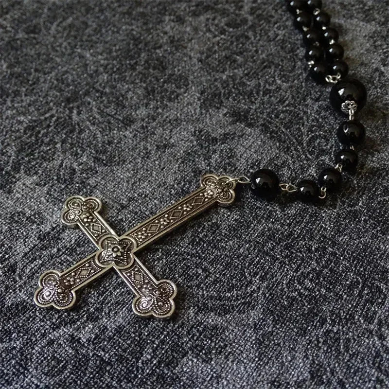 Black Gothic rosary with a large inverted cross charm, Occult Sigil of Satanic Jewelry Devil Necklace Gift, Halloween Pendant