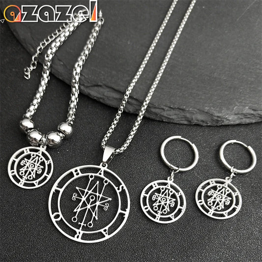 Astaroth Sigil Goetia Stainless Steel Jewelry Set Men Solomon Demon Seal Satan Sigil satanique Earring Necklaces Bracelet Gifts