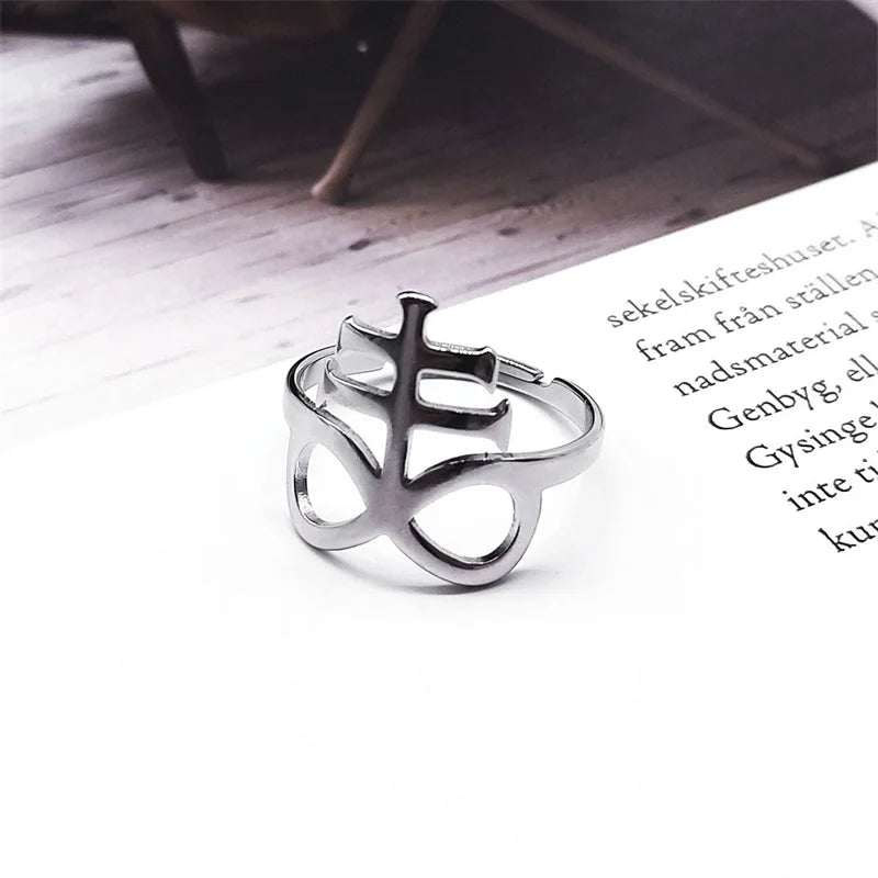 Satan Leviathan Cross Ring for Men Women Adjustable Stainless Steel Punk Goth Church of Satan Symbol Kolye Finger Ring Jewelry