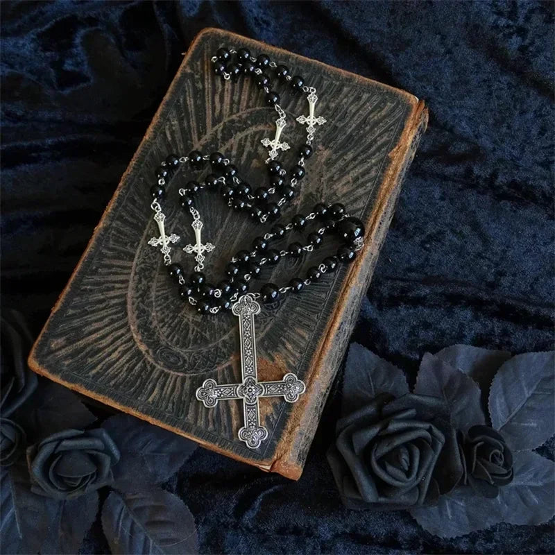 Black Gothic rosary with a large inverted cross charm, Occult Sigil of Satanic Jewelry Devil Necklace Gift, Halloween Pendant