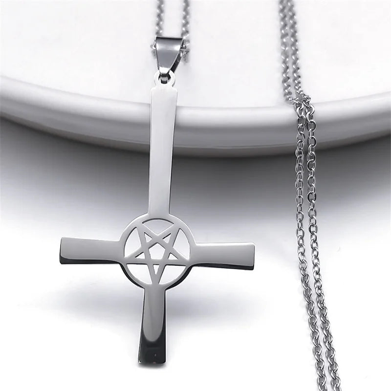 Inverted Cross Occult Pentagram Necklace Upside Down Cross Gothic Satan Necklaces Lucifer Satan Jewelry cruz invertida N642S03