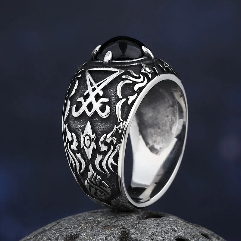 2024 New Vintage Sigil Lucifer Rock Ring 316L Stainless Steel Seal of Satan Rings for Men Male Punk Rock Jewelry Gift