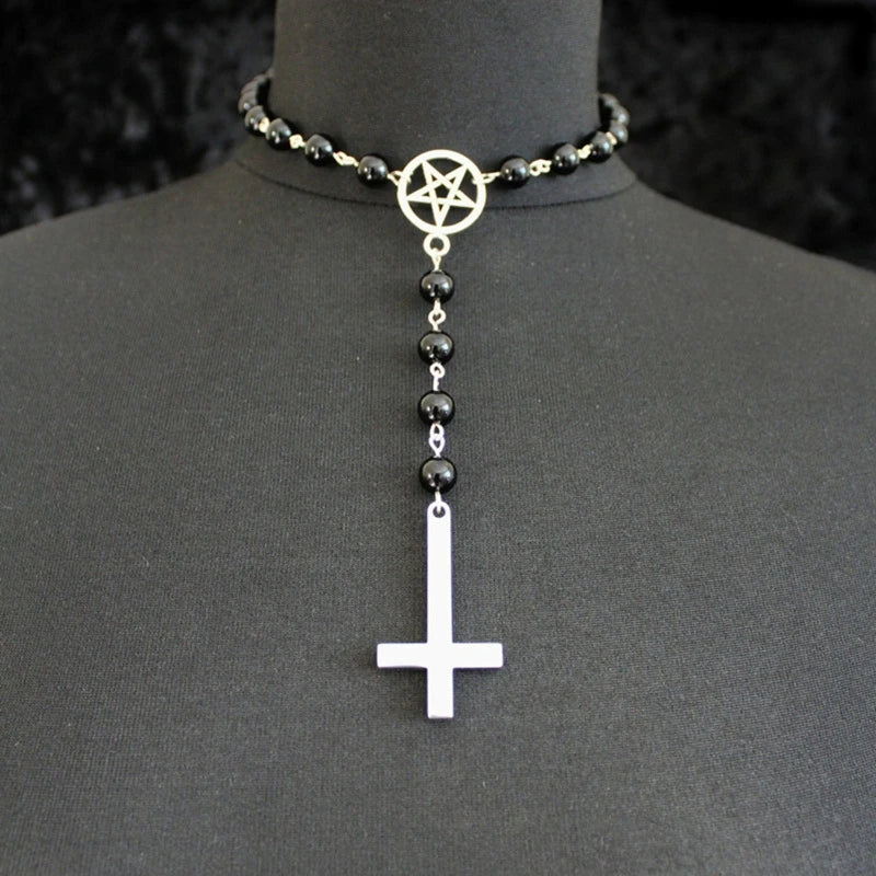 N58F Religious Pentacle Pendant Upside Down Inverted Cross Satanic Necklace Bead Chain Jewelry for Women Men Birthday Gift