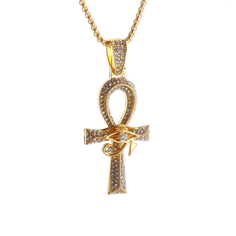 Iced Out Ancient Egyptian God Eye of Horus Ankh Cross