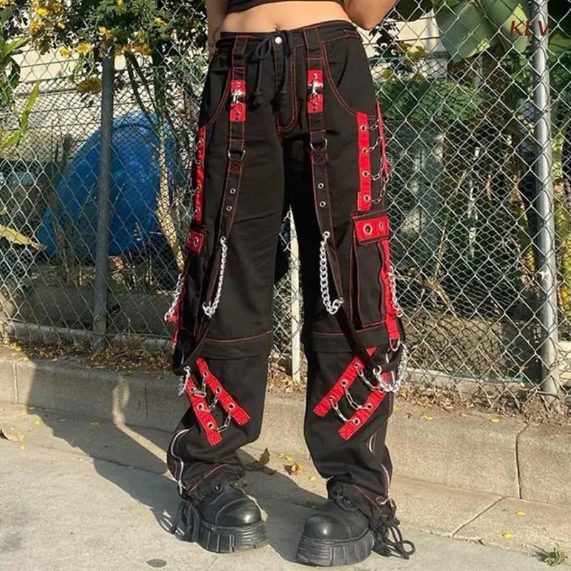 Frauen Dark Gothic Baggy Cargo Hosen Harajuku Punk Colorblock Ösen Verband Metall Kette Hip Hop Breite Bein Hosen 6XDA