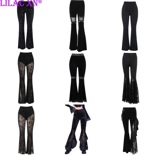 Y2K Gothic Black Velvet Lace Mesh Flare Pants Sexy Harajuku Aesthetic See Through Emo Pants Vintage Women Summer Pant Streetwear