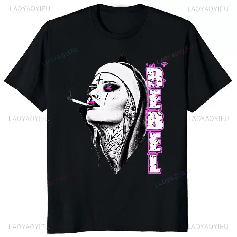 Nun Religieuse Men T Shirt Church of Lavey Satanic Occult Tees Classic Tops Cartoon Graphic T Shirts Women Clothing Cotton Tee