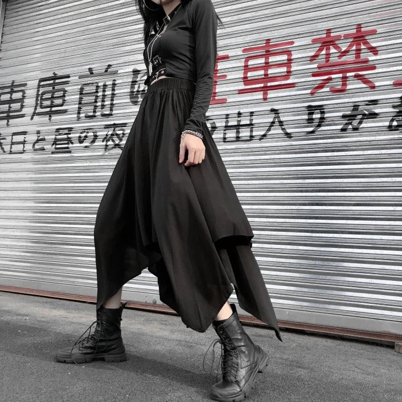 Dunkelschwarzer unregelmäßiger Rock mit hoher Taille, Goth Punk Gothic Schwarz Harajuku Langer Vintage Rock koreanische Modekleidung