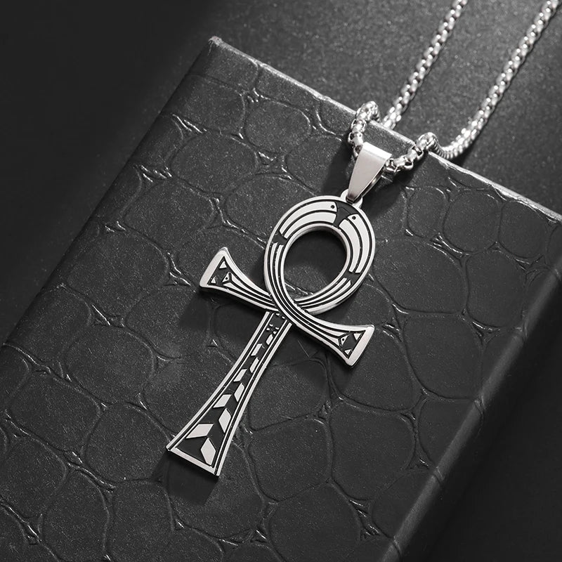 Stainless Steel Ancient Egyptian Cross Life Key Necklace Retro Amulet Pharaoh Patron Saint Jewelry Men