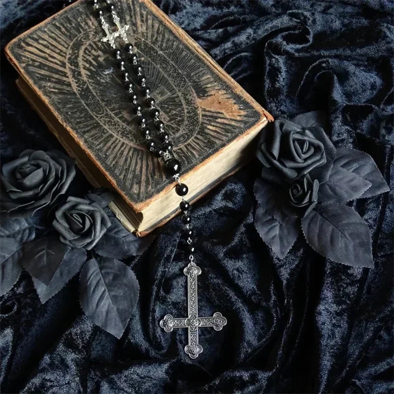 Black Gothic rosary with a large inverted cross charm, Occult Sigil of Satanic Jewelry Devil Necklace Gift, Halloween Pendant