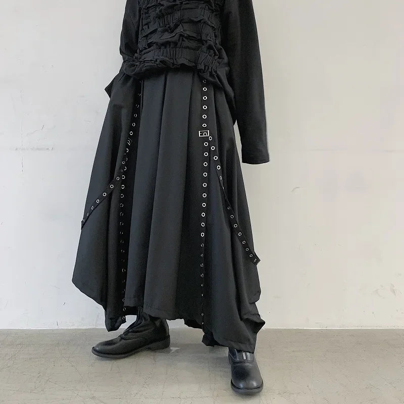 Men Ribbon Dark Black Wide Leg Pants Male Women Japan Punk Gothic Harem Trousers Kimono Skirt Pants