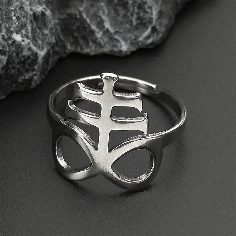 Satan Leviathan Cross Ring for Men Women Adjustable Stainless Steel Punk Goth Church of Satan Symbol Kolye Finger Ring Jewelry