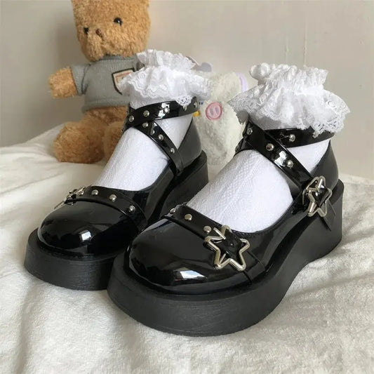 Scarpe Scarpe Lolita Scarpe con tacco da donna Mary Jane con plateau e fibbia a stella Mary Jane con cinturino da donna Scarpe con lacci incrociati Ragazze Rivetto Scarpe casual kawaii