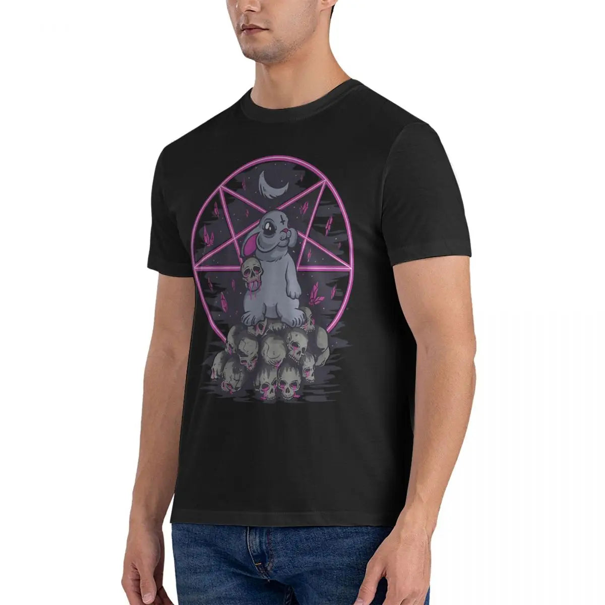 Herren T-Shirt mit Satanic Rabbit Pentagram Design Bad Bunny aus Baumwolle, Vintage, kurzärmelig, Rundhalsausschnitt, 4XL 5XL