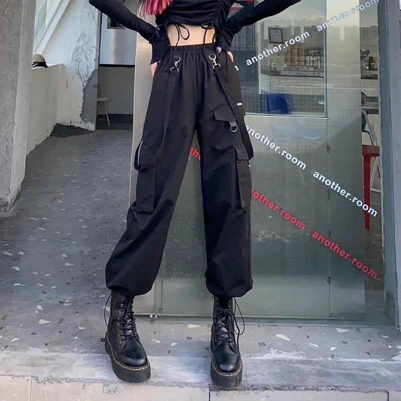 Pantaloni cargo neri da donna, streetwear, harajuku, gotici, a vita alta, pantaloni tecnici, Kpop, pantaloni larghi autunnali e invernali, oversize