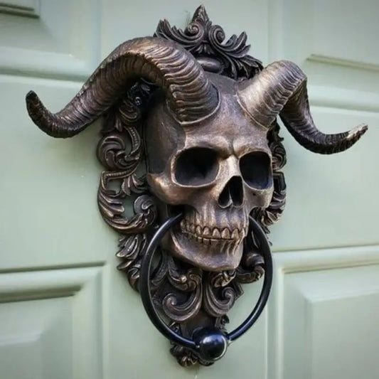 Baphomet Horned God Skull Hanging Door Knocker Resin Goat-Headed Crafts Satan Goat Statue Ornaments Decor Hanging Plate Knocker