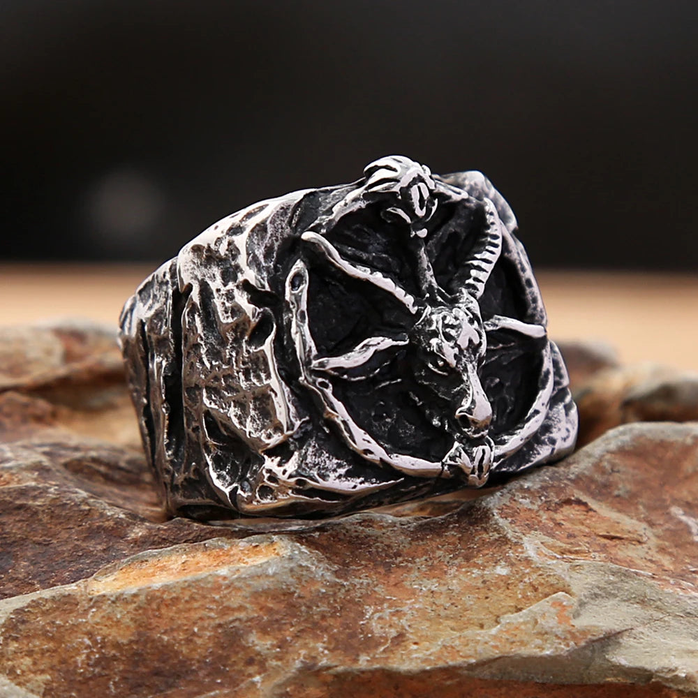 Vintage Satan Ziege Schädel Ring 316L Edelstahl Punk Mode Satan Pentagramm Ringe Für Männer Jungen Amulett Schmuck Geschenk Großhandel