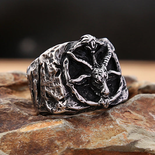 Vintage Satan Goat Skull Ring 316L Stainless Steel Punk Fashion Satan Pentagram Rings For Men Boys Amulet Jewelry Gift Wholesale