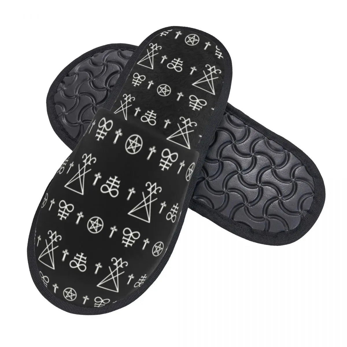 White Satanic Sigils House Slippers Women Cozy Memory Foam Devil Baphomet Leviathan Cross Slip On Spa Slipper Shoes