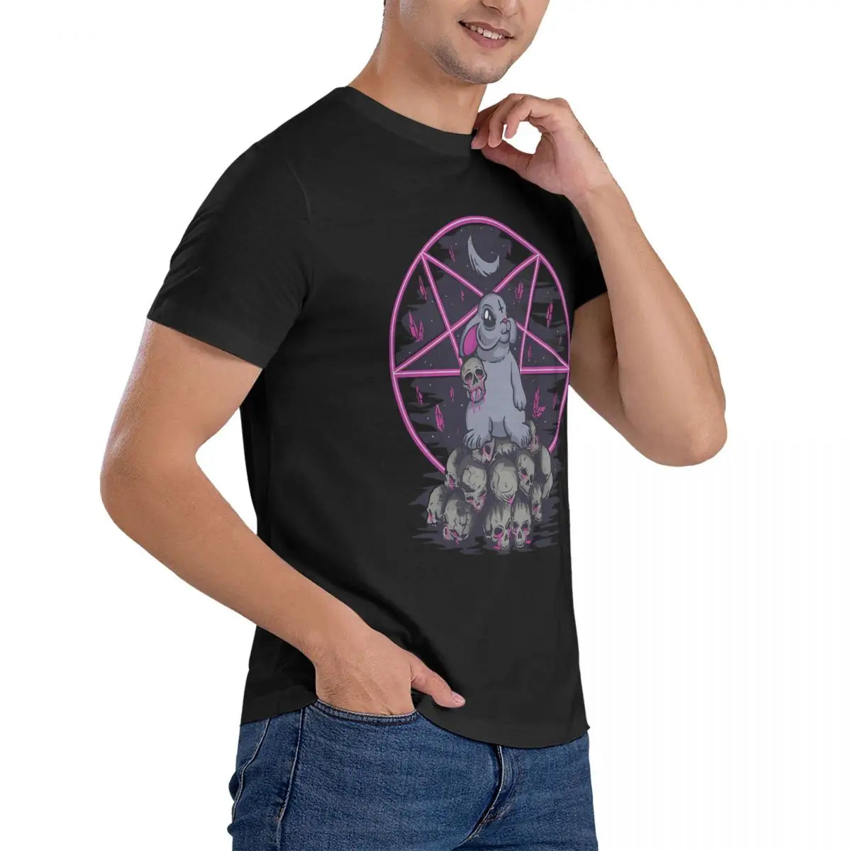 Herren T-Shirt mit Satanic Rabbit Pentagram Design Bad Bunny aus Baumwolle, Vintage, kurzärmelig, Rundhalsausschnitt, 4XL 5XL