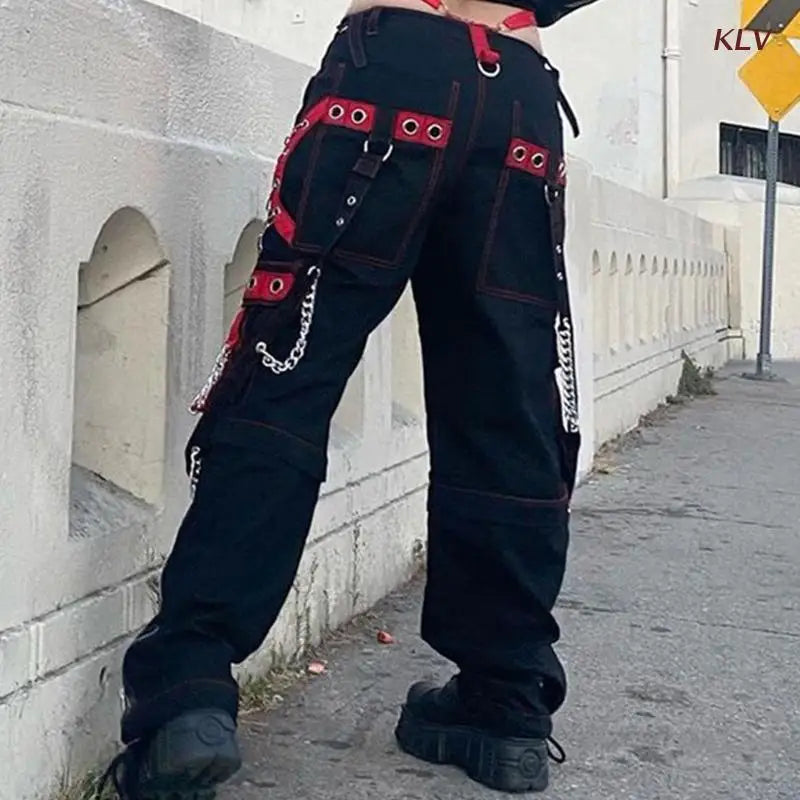 Women Dark Gothic Baggy Cargo Pants Harajuku Punk Colorblock Eyelets Bandage Metal Chain Hip Hop Wide Leg Trousers 6XDA