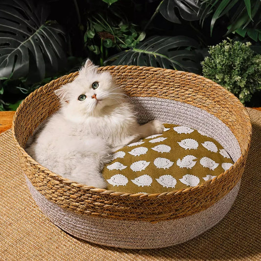 Cute Japanese Pet Cat Bed Round Hand Woven Rattan Cat Beds Summer Cooling Kitten Basket Cotton Rope Cat Scratching Baskets