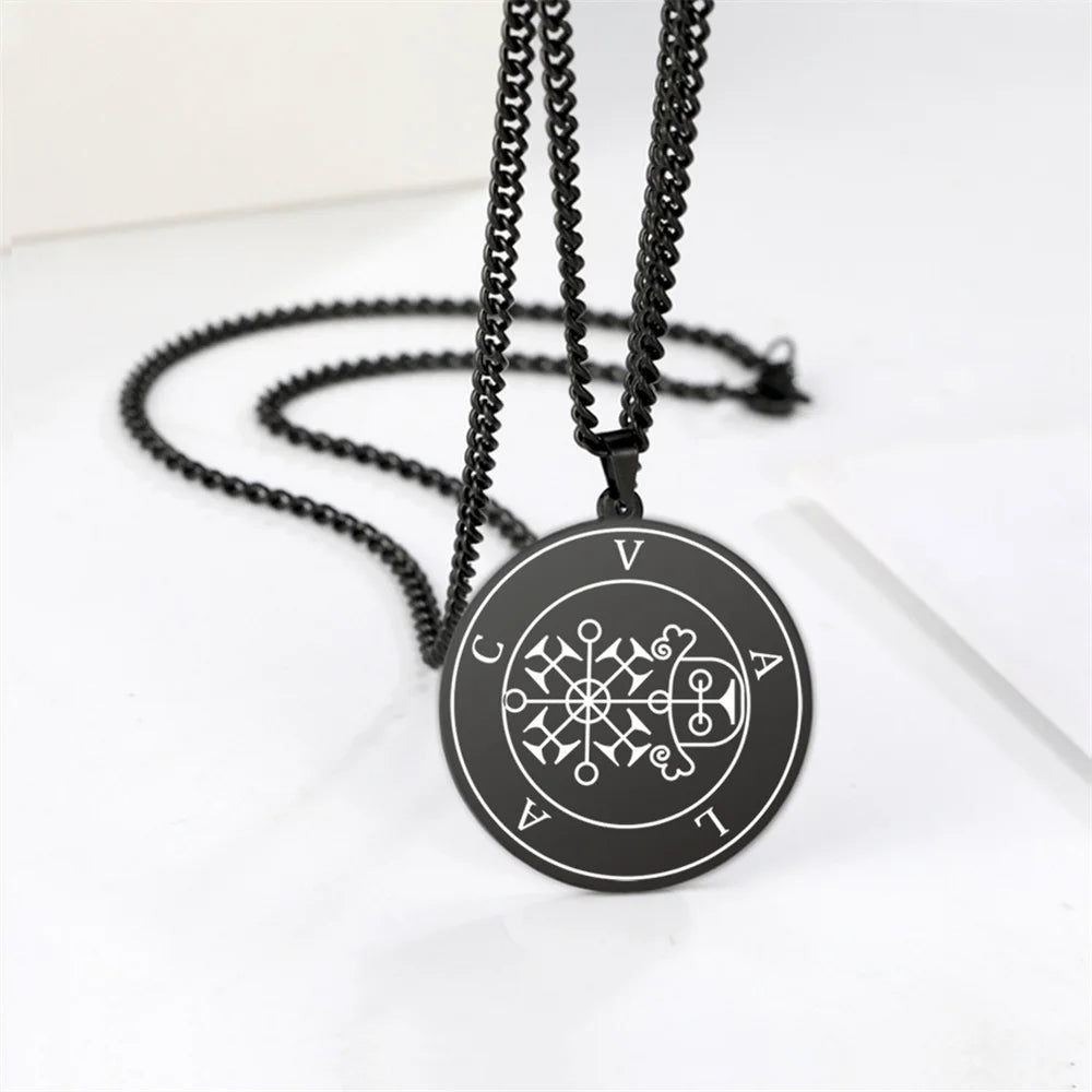 EUEAVAN Demon Satan Origins Seal Pendant Necklaces Stainless Steel Black King Asmoday Sigil Solomon Necklace Luck Amulet Jewelry