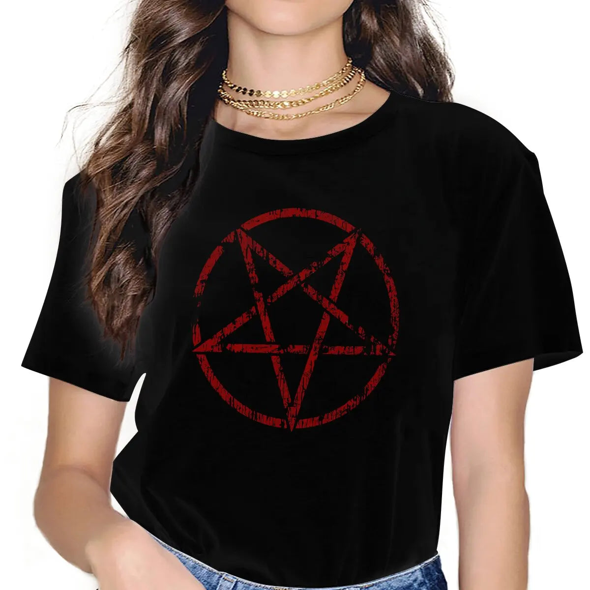 Pentagram Women Clothes Satanic Goat T-shirt Kawaii Vintage Female Clothing