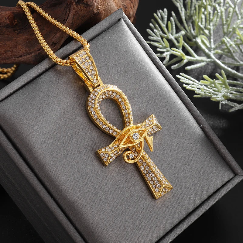 Iced Out Ancient Egyptian God Eye of Horus Ankh Cross