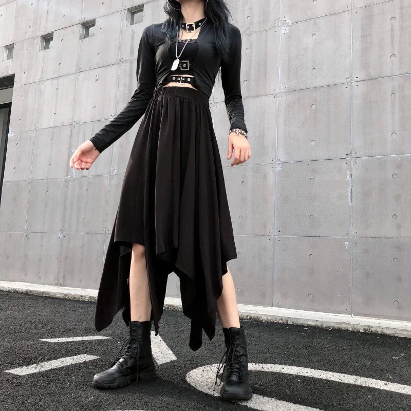 Dunkelschwarzer unregelmäßiger Rock mit hoher Taille, Goth Punk Gothic Schwarz Harajuku Langer Vintage Rock koreanische Modekleidung