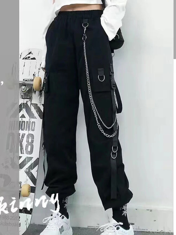 ZOKI Gothic Damen Cargohose Schwarze Joggers Hohe Taille Harajuku Haremshose Punk Goth Techwear Kettenhose Weiblicher Hip Hop