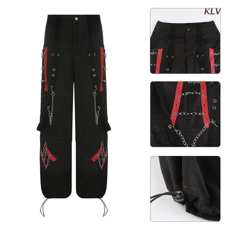 Frauen Dark Gothic Baggy Cargo Hosen Harajuku Punk Colorblock Ösen Verband Metall Kette Hip Hop Breite Bein Hosen 6XDA