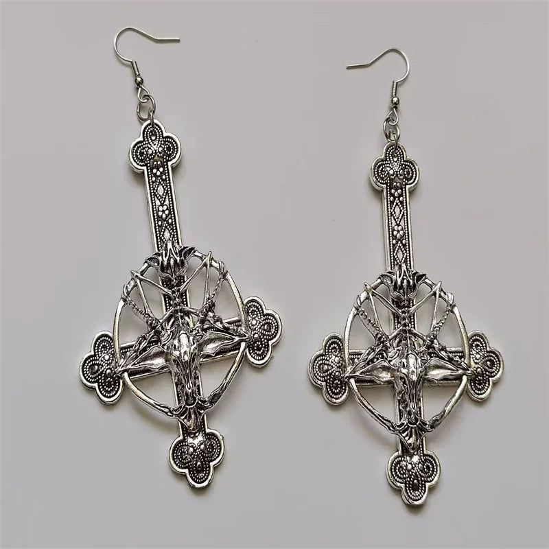 Baphomet Cross Earrings Inverted Upside Down Pendant Earring Vintage Gothic Satanic Pagan Wiccan Druid Occult Jewelry