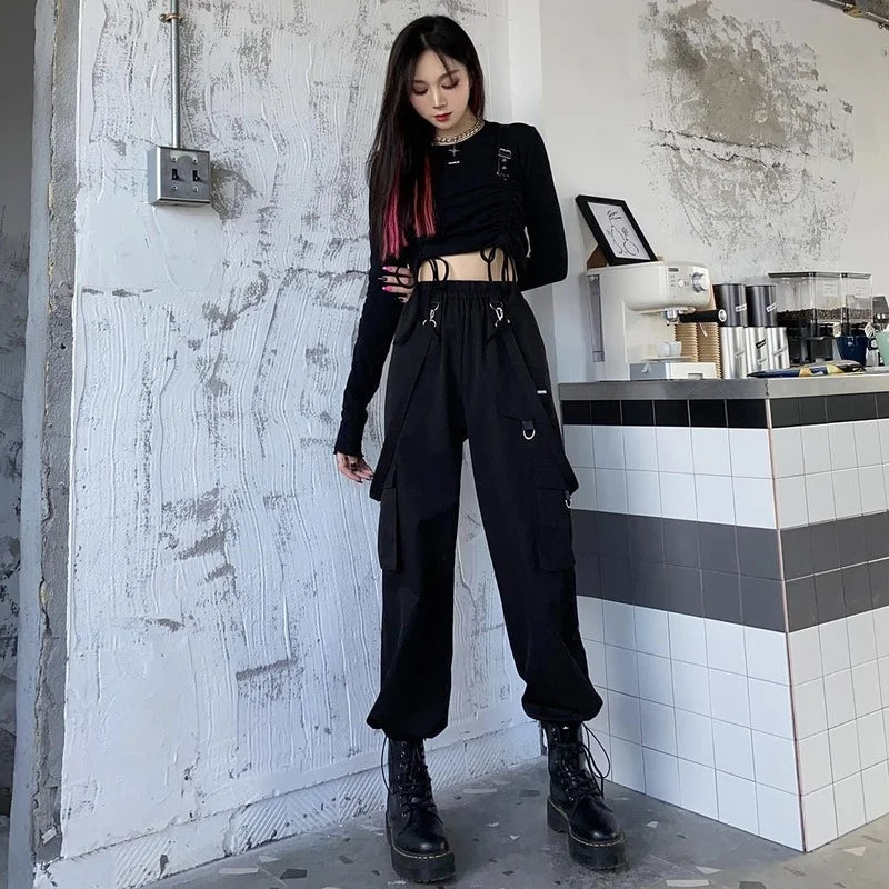 Schwarze Cargohose Damen Streetwear Harajuku Gothic High Waist Hose Techwear Kpop Übergroße Herbst Winter Lockere Hose