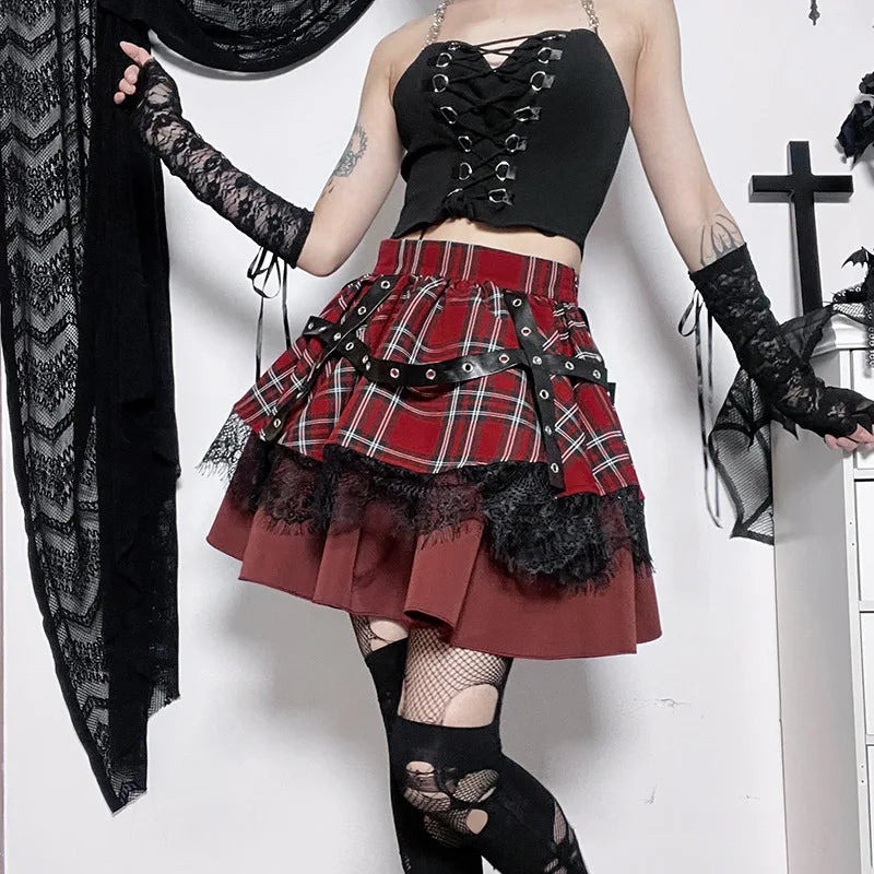 Y2k Lolita Cake Mini Skirts Gothic Harajuku Girls Plaid Pleated Skirt Punk Sweet Lace Kawaii Clothing Cosplay Costume