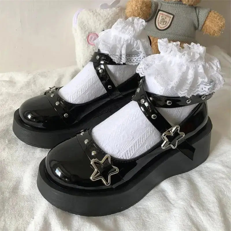 Scarpe Scarpe Lolita Scarpe con tacco da donna Mary Jane con plateau e fibbia a stella Mary Jane con cinturino da donna Scarpe con lacci incrociati Ragazze Rivetto Scarpe casual kawaii