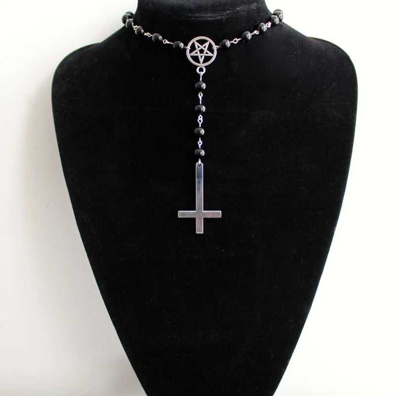 N58F Religiöser Pentagramm-Anhänger auf den Kopf gestellt, umgekehrtes Kreuz, satanische Halskette, Perlenkette, Schmuck für Frauen und Männer, Geburtstagsgeschenk