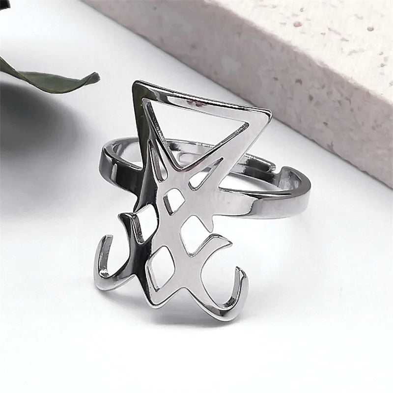 Gothic Sigil Of Lucifer Satan Symbol Ring for Women Men Stainless Steel Adjustable Devil Satan Seal Finger Ring Jewelry Gifts