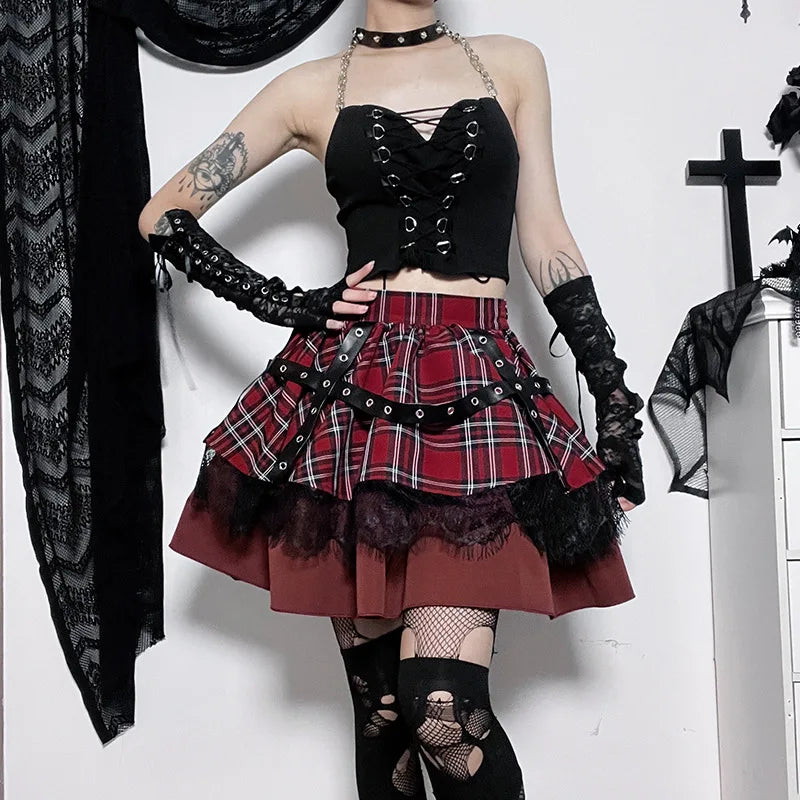 Y2k Lolita Cake Mini Gonne Gotico Harajuku Ragazze Plaid Gonna Plissettata Punk Dolce Pizzo Kawaii Abbigliamento Cosplay Costume