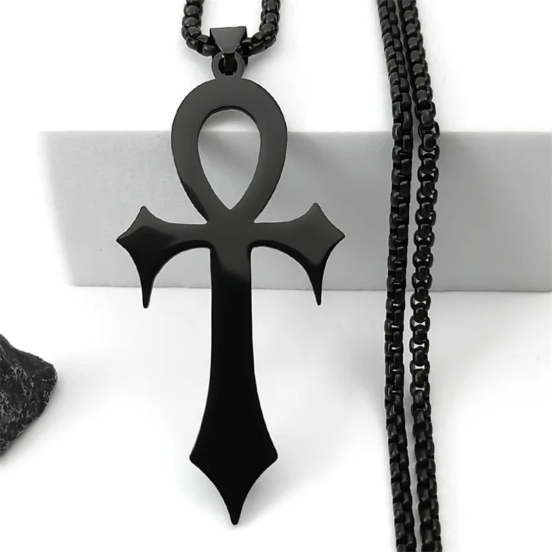 Collana con croce egizia gotica Ankh Chiave della vita in acciaio inossidabile Colore nero Amuleto Collane religiose Gioielli gotici Regalo N8582