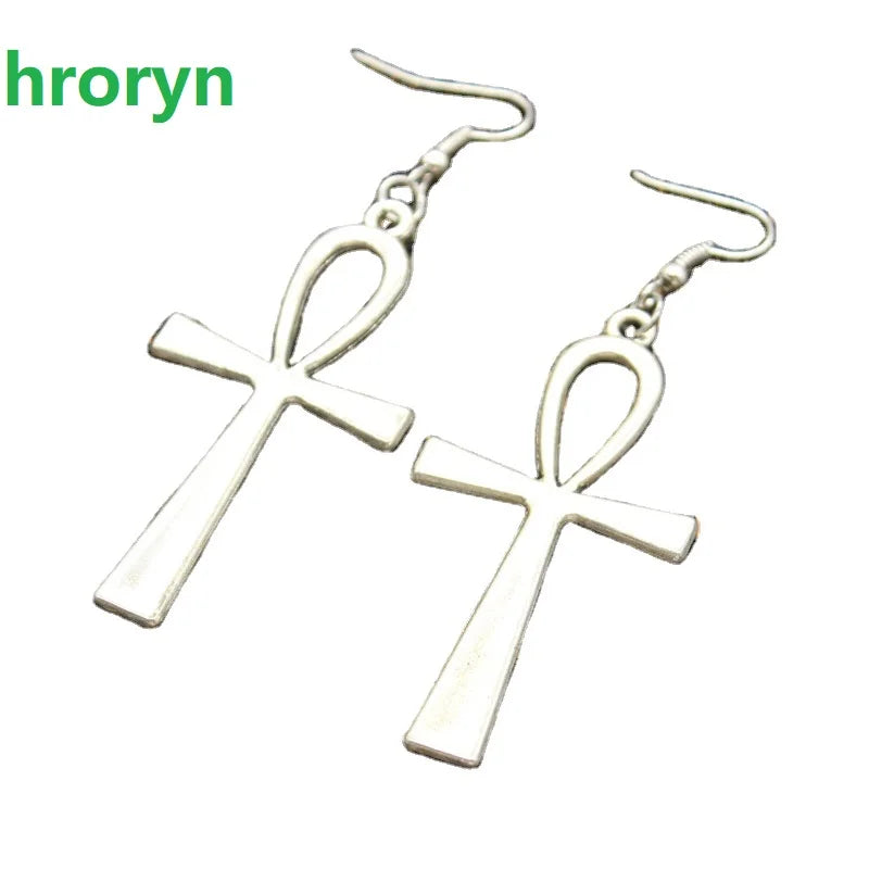 Hroryn Neue Mode Handgefertigte Kreuz Ägyptischen Ankh Lebenssymbol Blume Kreuz Anhänger Silber Farbe Ohrringe Für Frauen Stil