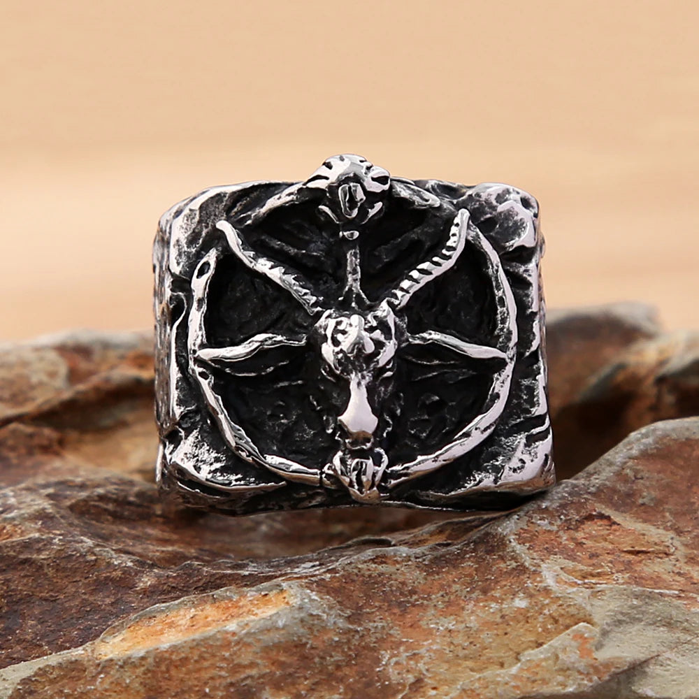 Vintage Satan Goat Skull Ring 316L Stainless Steel Punk Fashion Satan Pentagram Rings For Men Boys Amulet Jewelry Gift Wholesale